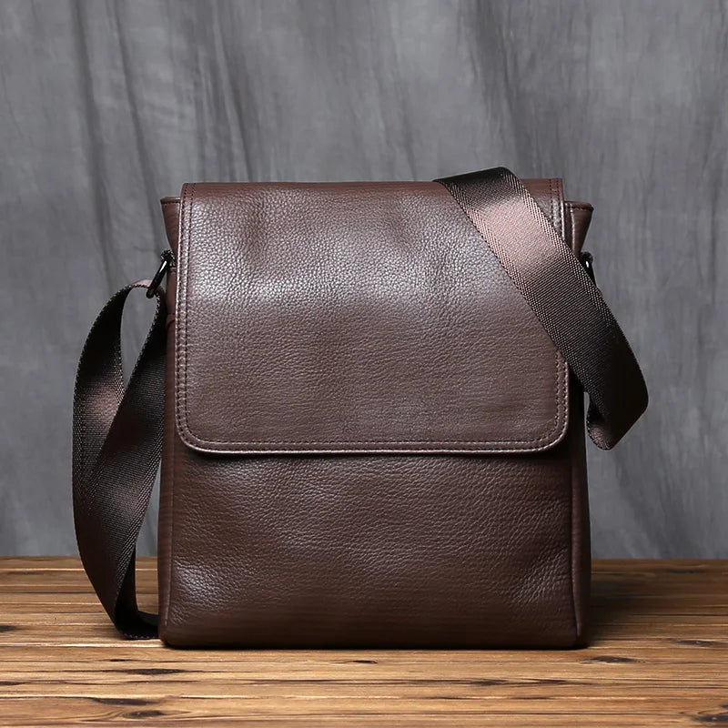 Men's Genuine Leather Shoulder Bag – Natural Cowhide Crossbody, 10" iPad Compatible