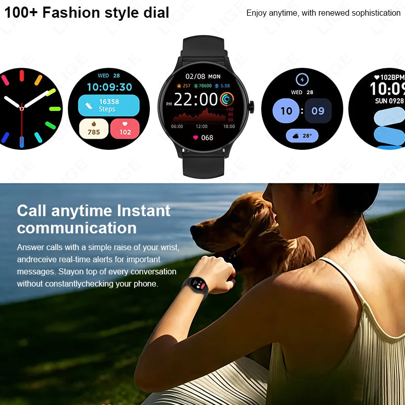 LIGE Smart Watch – 1.28" Round Display, Bluetooth Calling, Voice Assistant, IP67