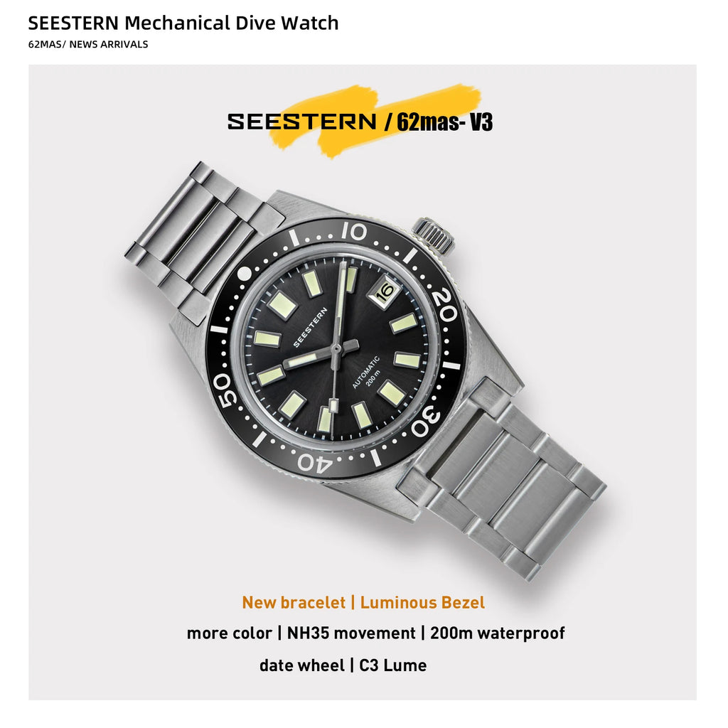 Seestern 62MAS V3 Automatic Dive Watch – NH35A, Domed Sapphire, 37mm, 200m Water Resistant
