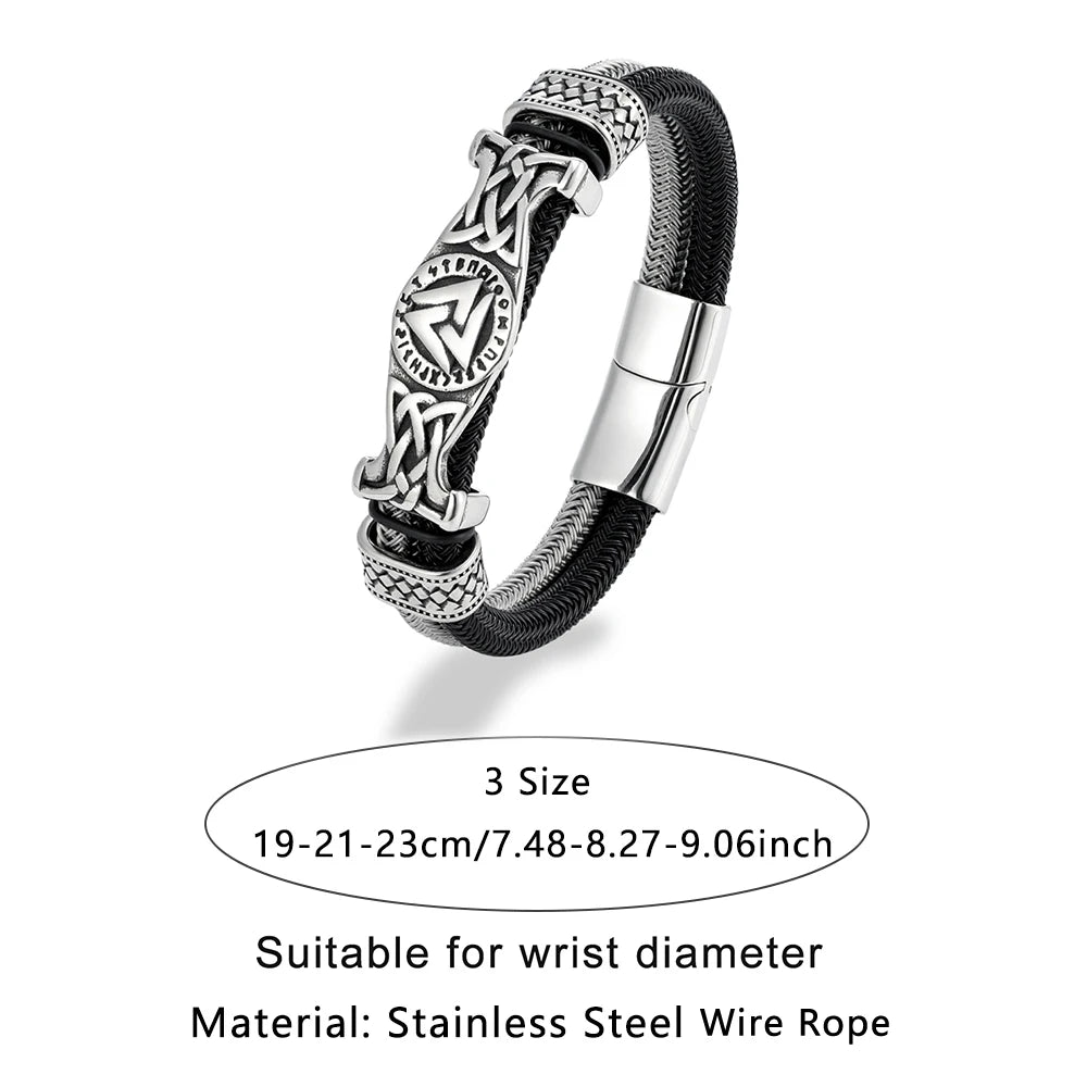 Stainless Steel Norse Runes Valknut Bracelets Men Unfading Double-Layer Wire Rope Bangle Charm Vikings Jewelry Luxury Male Gifts