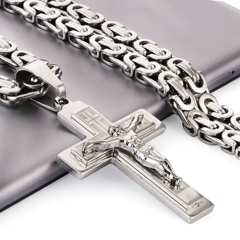 Stainless Steel Long Byzantine Chain Christian Crucifix Jesus Cross Pendants Necklaces for Men Necklace Religious Jewelry colar
