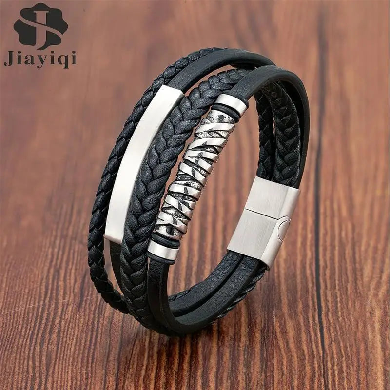 Multilayer Stainless Steel Insert Bracelet Viking Leather Bracelets for Men Punk Jewelry Homme Accessories custom logo