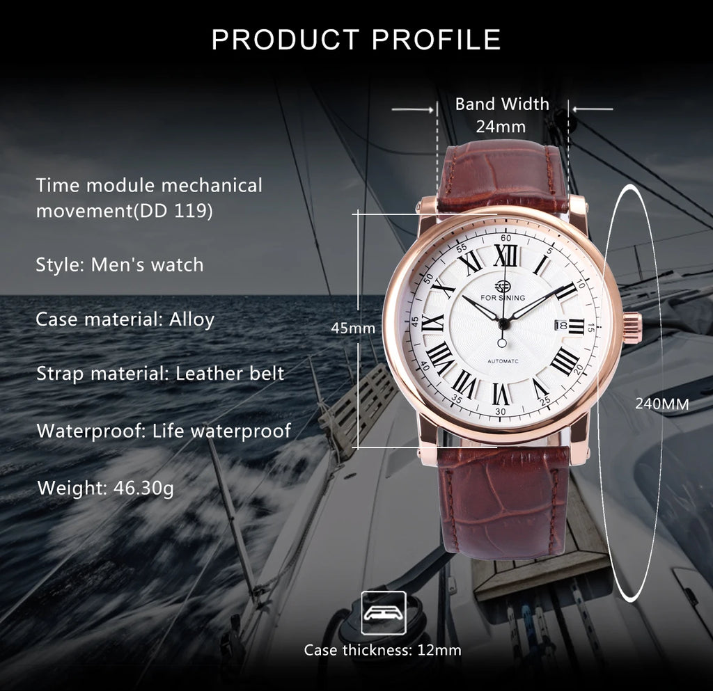 Forsining 279 Automatic Watch – Roman Numeral Dial, Leather Strap, Luminous Hands, Date Display