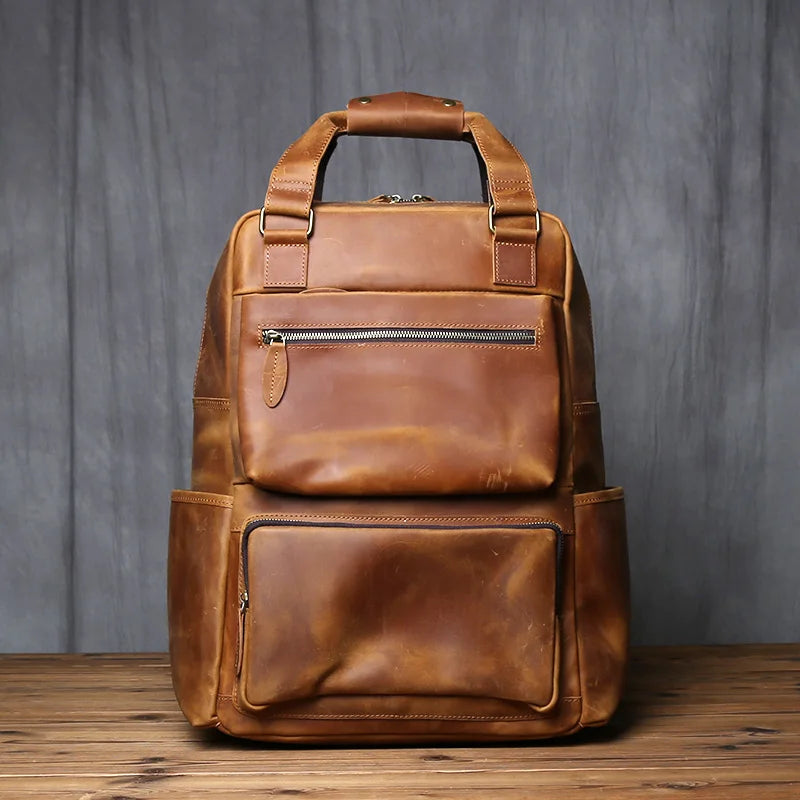 Men's Crazy Horse Leather Backpack – Retro Top-Layer Cowhide, 17" Laptop, Large Capacity