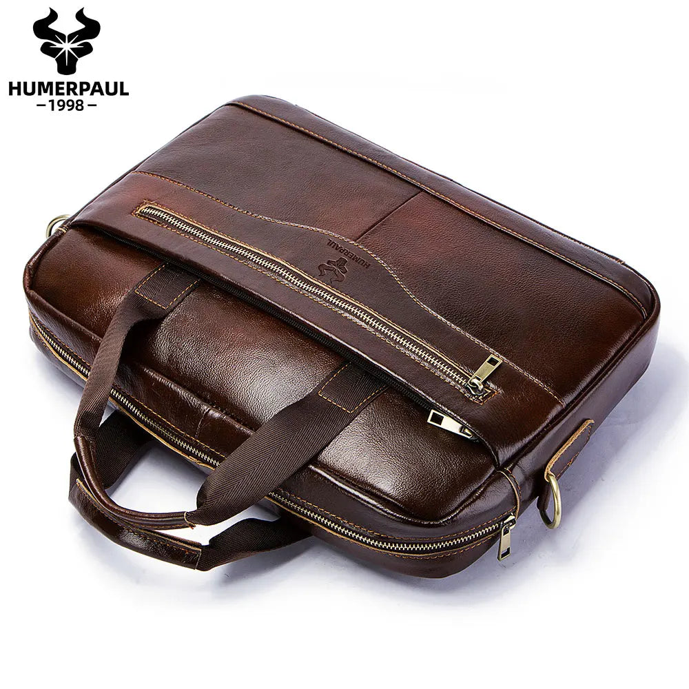 Genuine Leather Briefcase for Men — Business Shoulder & Messenger Bag with Laptop Compartment