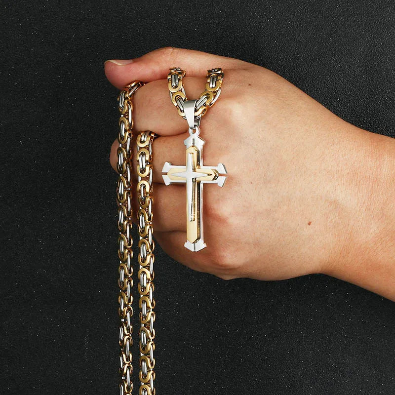 Orthodox Stainless Steel Jesus Cross Long Necklace Men Necklace Pendant Lucky Amulet Jewelry Birthday Gift