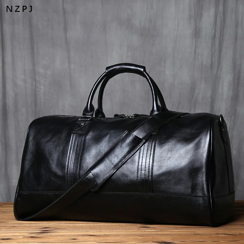 Men's Genuine Leather Travel Duffle Bag – Large Capacity Natural Cowhide, 16" Laptop, Weekend Bag