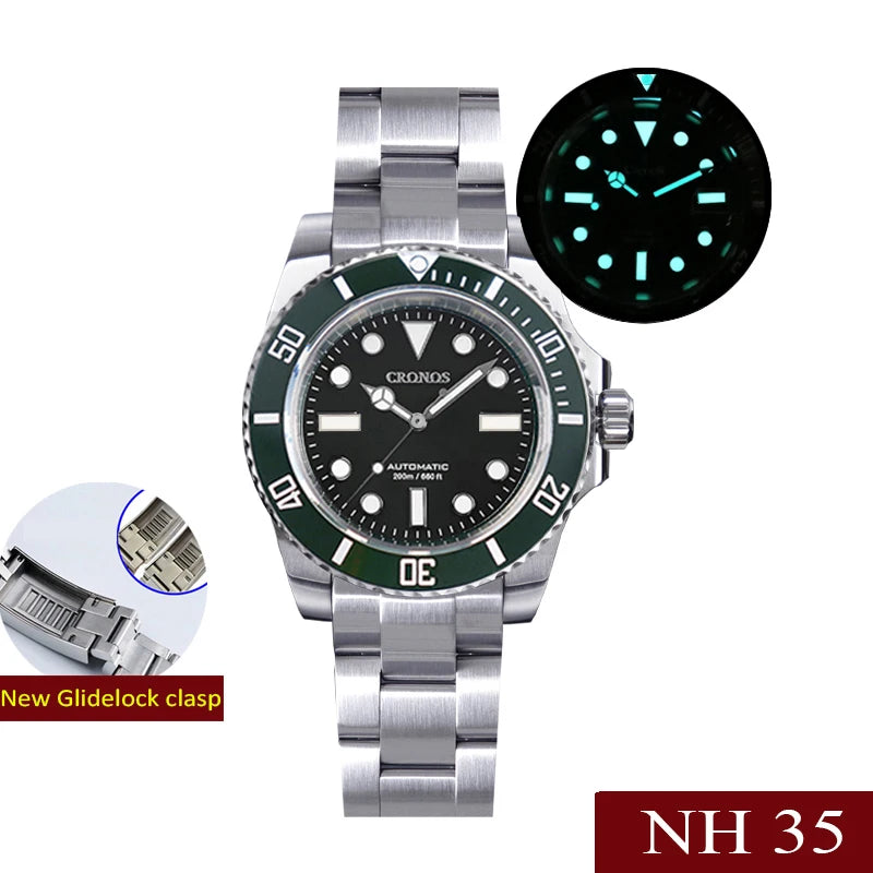 Cronos L6015 40mm Dive Watch – NH35, Ceramic Bezel, BGW9 Lume, 200m, Glidelock Clasp