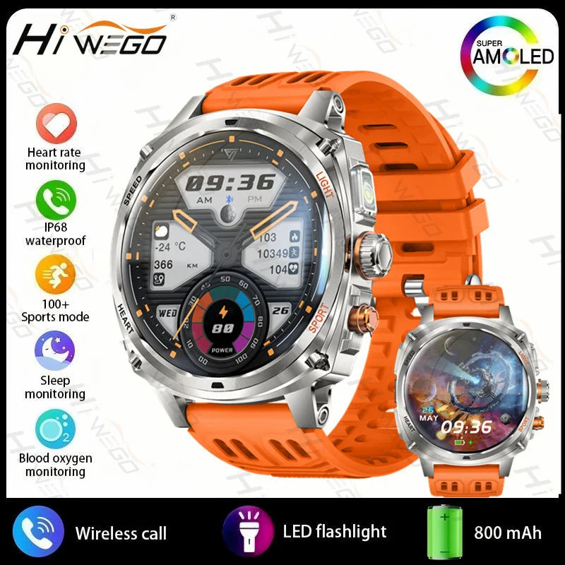 New 800mAh Battery Smart Watch Men's 1.75 inch Outdoor Sports IP68 Waterproof Watches BT Calling with LED Flashlight Smartwatch