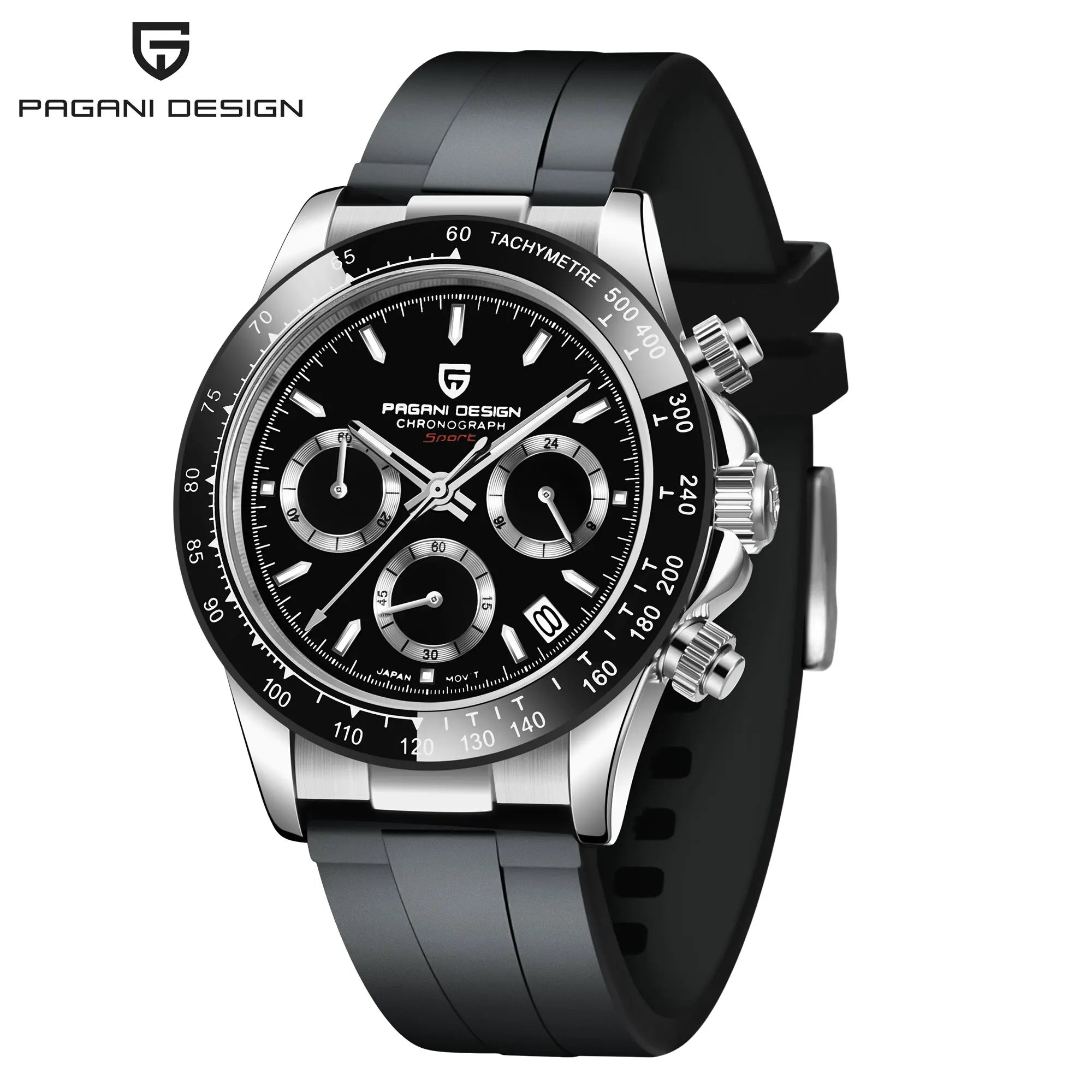 Pagani Design PD1664 Quartz Chronograph Watch – Sapphire Crystal, Rubber Strap, 100m Water Resistant