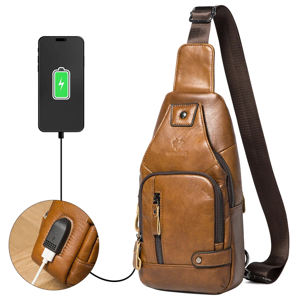 Genuine Leather Chest Bag for Men — USB Charging Crossbody & Shoulder Pack