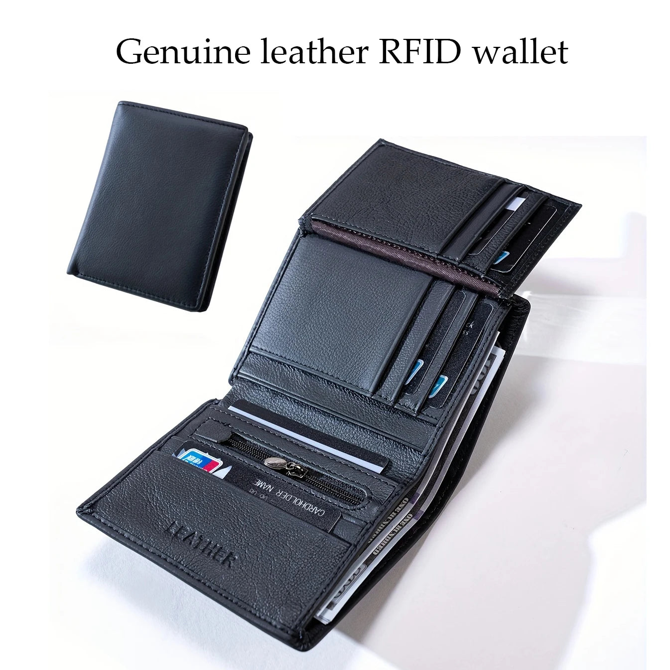 Men's Genuine Leather Zipper Wallet | RFID Blocking | Vertical Bifold