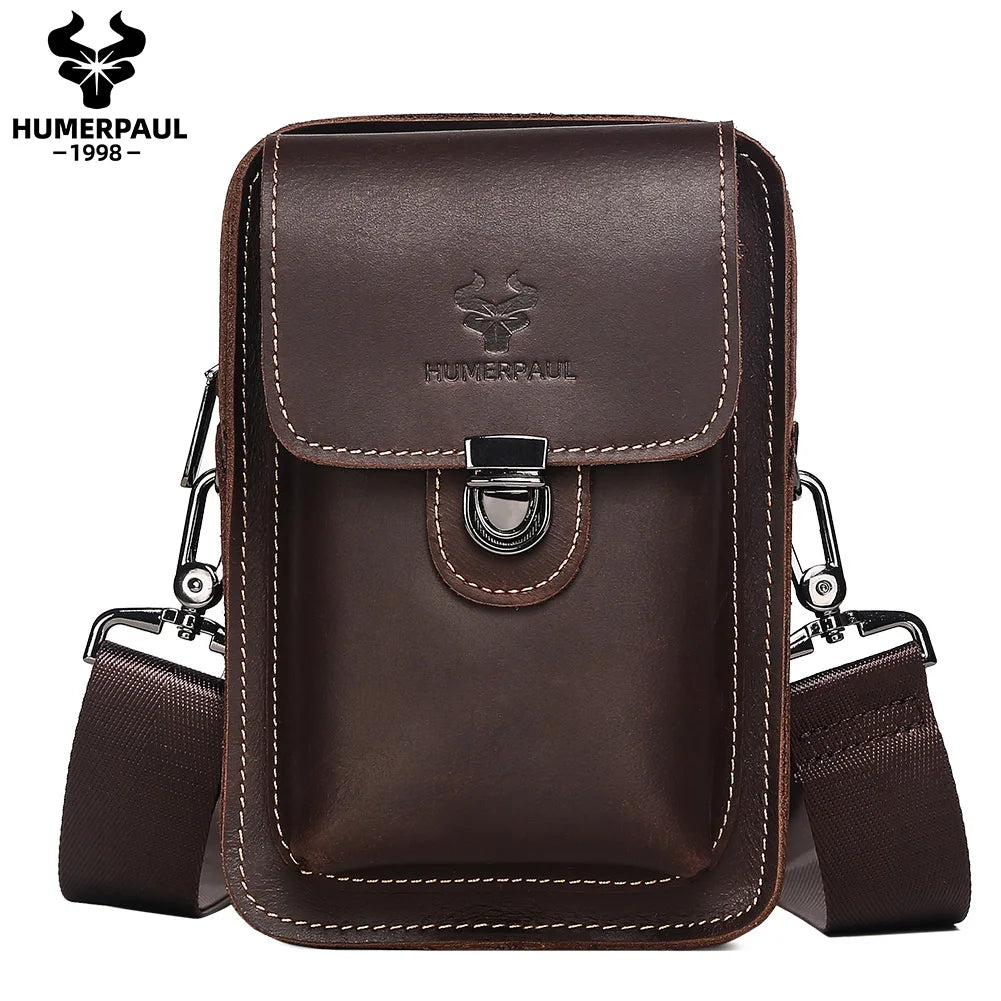 Crazy Horse Leather Waist Bag for Men — Multifunctional Phone Pouch & Shoulder Pack