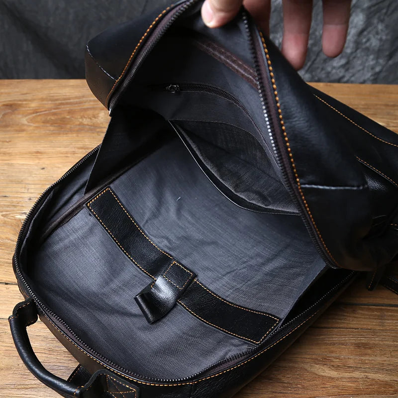 Men's Genuine Leather Backpack – Handmade Natural Cowhide, Full Leather Back Panel, 15.6" Laptop