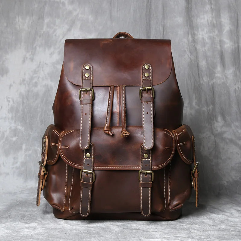 Men's Crazy Horse Leather Backpack – Flap Cover, Magnetic Buckle, Leather-Lined Straps