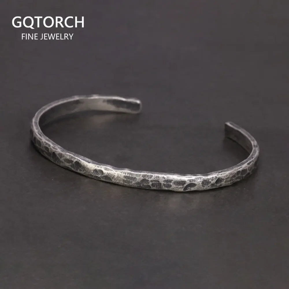S925 Sterling Silver Hammer Pattern Viking Cuff Bangle