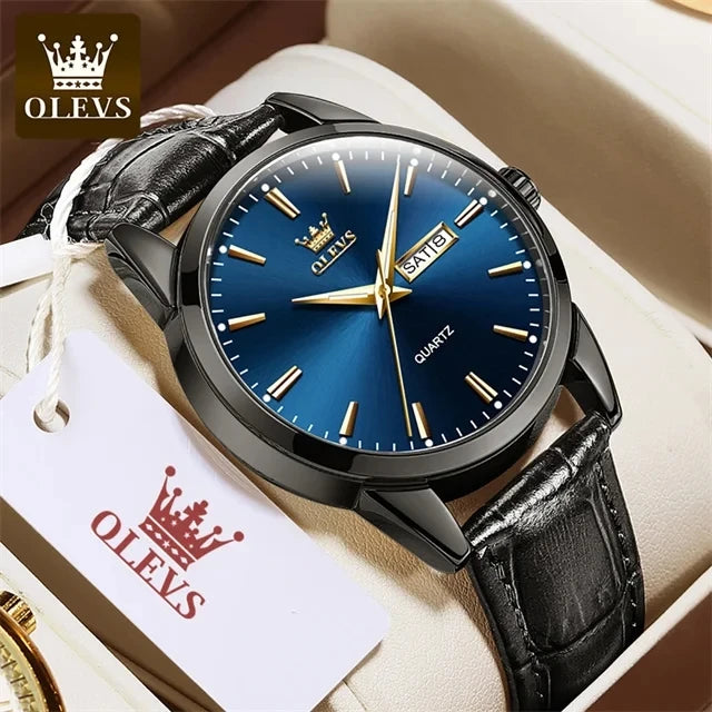 OLEVS  6898 Top Brand Quartz Watch for Men Leather Strap Waterproof Wristwatch Date Week Display Popular Casual Dress Men Watch