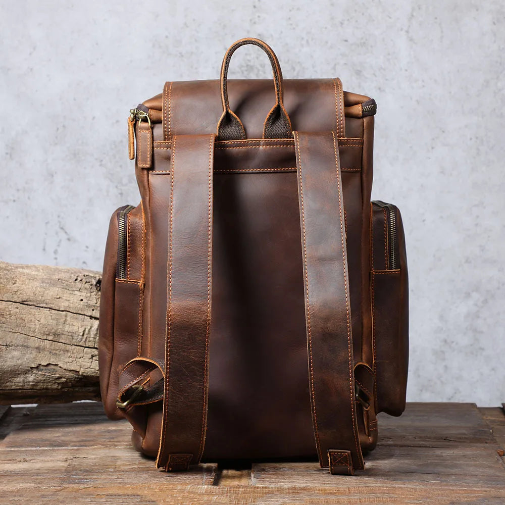 Large Capacity Retro Cowhide Leather Backpack – Men's American Vintage Travel Bag