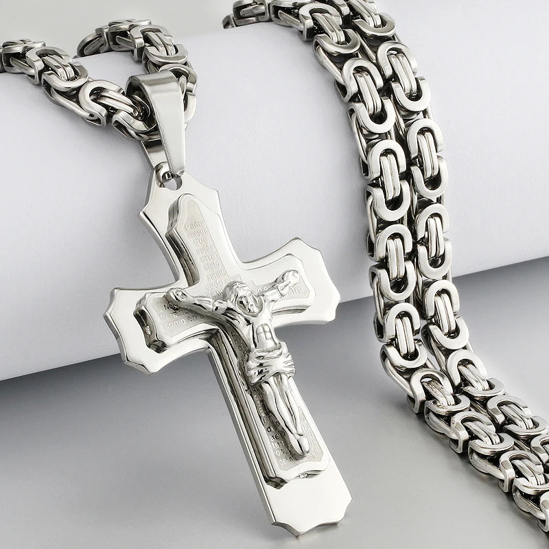 Men's Heavy Crucifix Cross Pendant Necklace – Stainless Steel Byzantine Chain