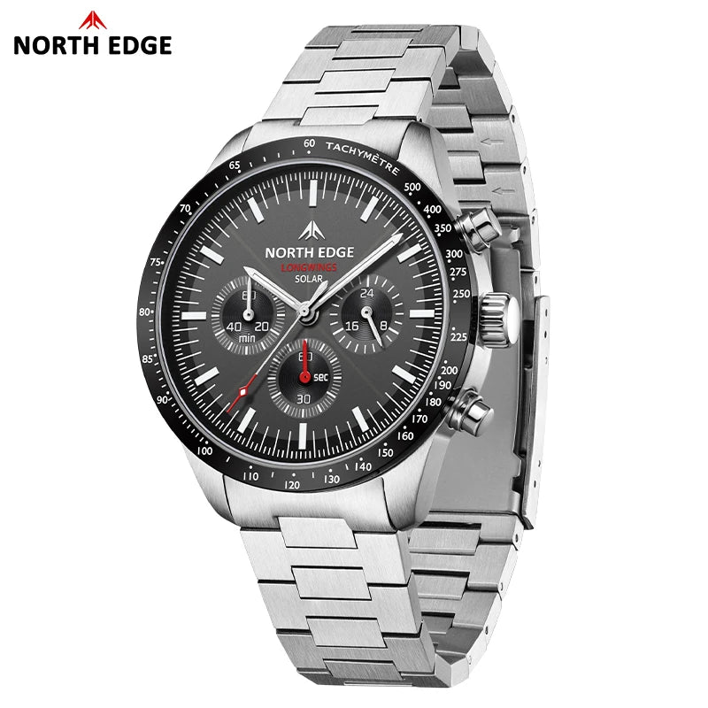 NORTH EDGE Longwings Solar Pilot Watch — Men's Chronograph, Stainless Steel, 50M Water Resistant