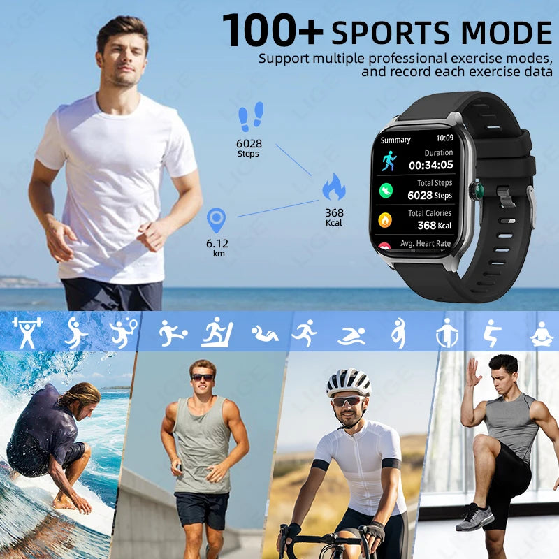 LIGE Smart Watch – 2.01" Display, 123+ Sport Modes, Bluetooth Calling, IP67