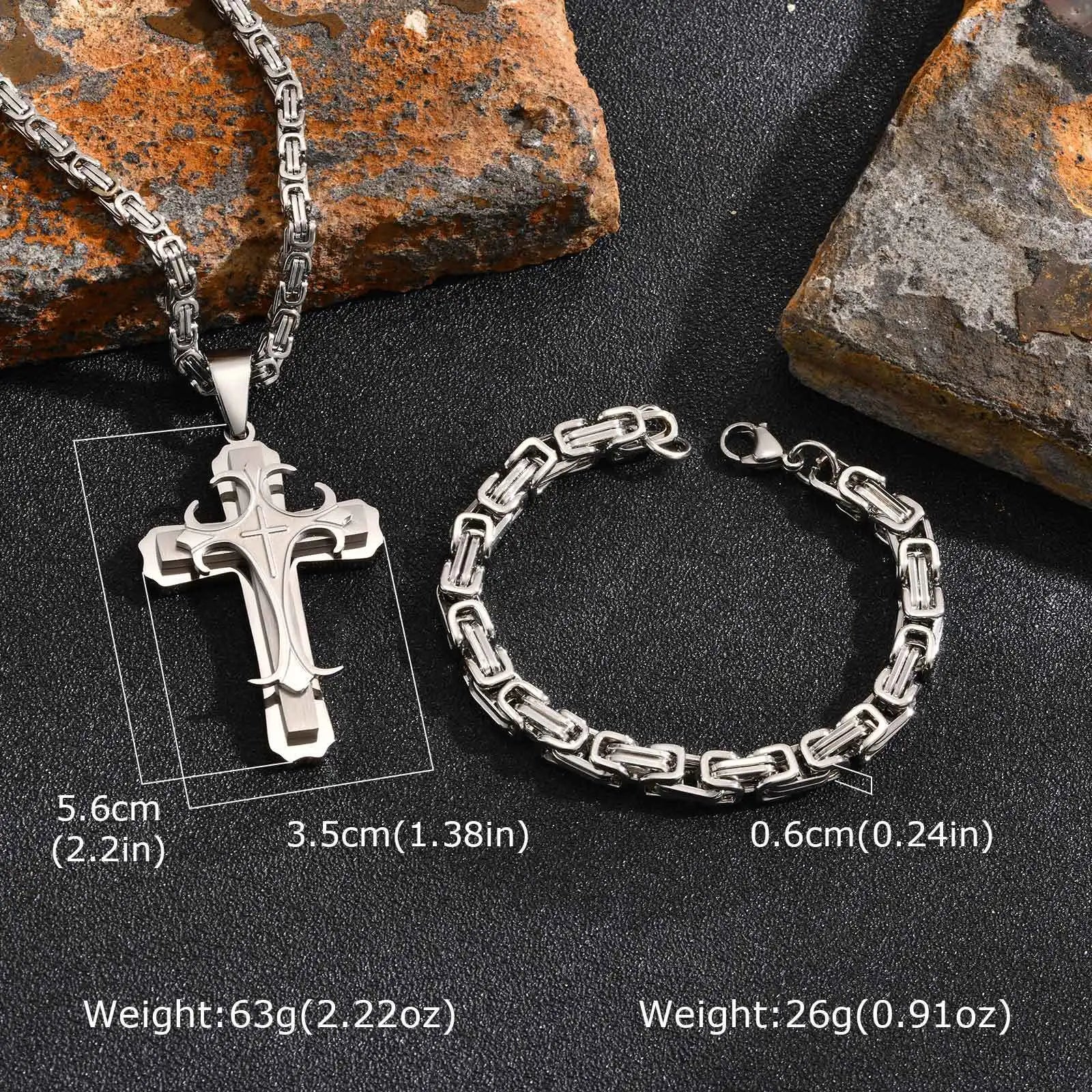 Men's Cross Pendant Necklace & Byzantine Bracelet Set – Stainless Steel