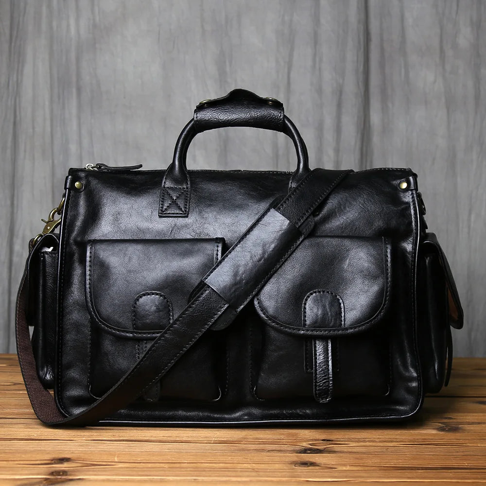 Men's Crazy Horse Leather Briefcase – Hard Structured Satchel, Rivet Detail, 16" Laptop