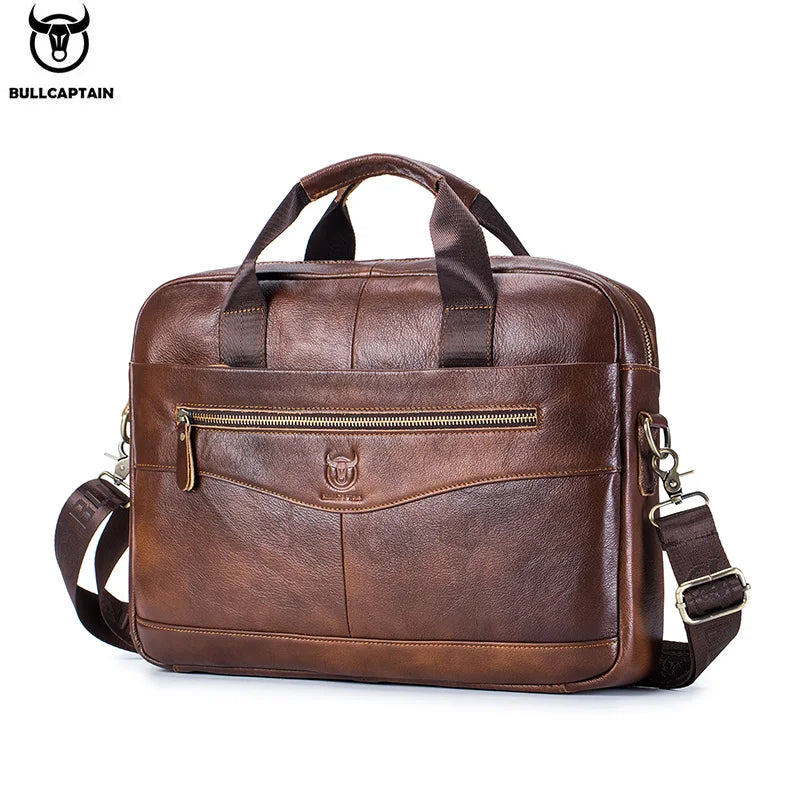 BULLCAPTAIN Genuine Leather Briefcase | 14" Laptop Shoulder & Messenger Bag