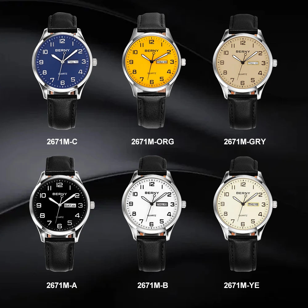 BERNY 2671M Business Dress Watch | Miyota 2105 | Genuine Leather | Day-Date