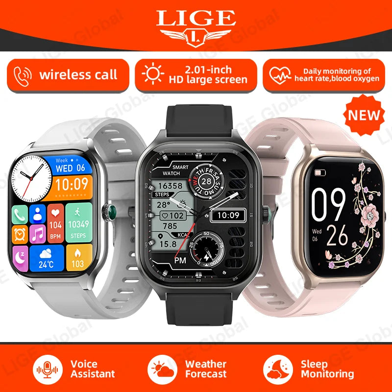 LIGE Smart Watch – 2.01" Display, 123+ Sport Modes, Bluetooth Calling, IP67