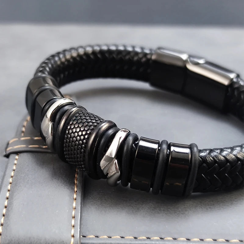 2025 New Style Domineering Hand-woven Combination Accessory Stainless Steel Men's Leather Bracelet Fashion Man Jewelry Wholesale