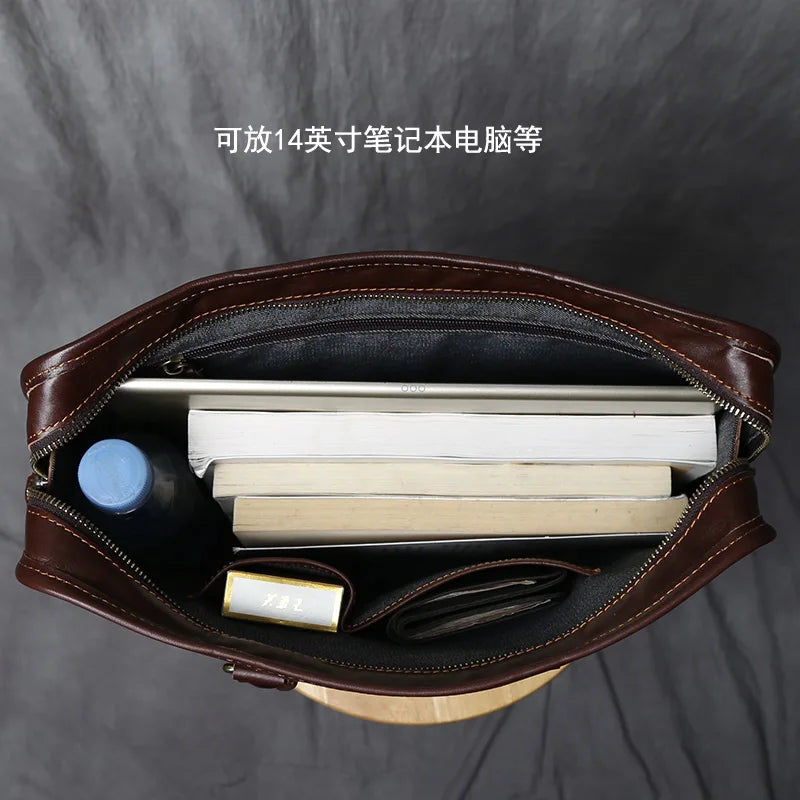 Men's Crazy Horse Leather Briefcase – Slim Natural Cowhide, 14" Laptop, Shoulder & Crossbody