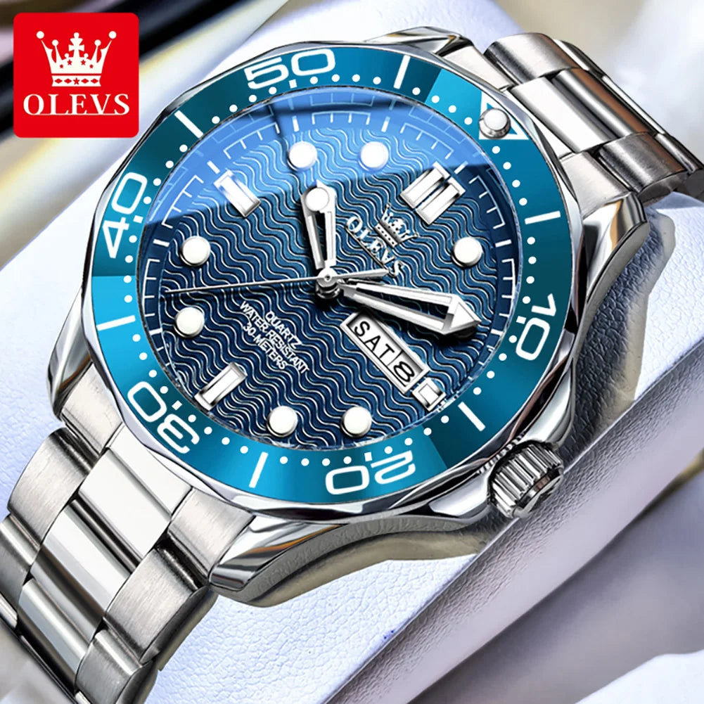OLEVS Luxury Man Watch Fashion Rotation Bezel Diving Series Original Quartz Wrist Watch for Men Dual Calendar Waterproof Watches
