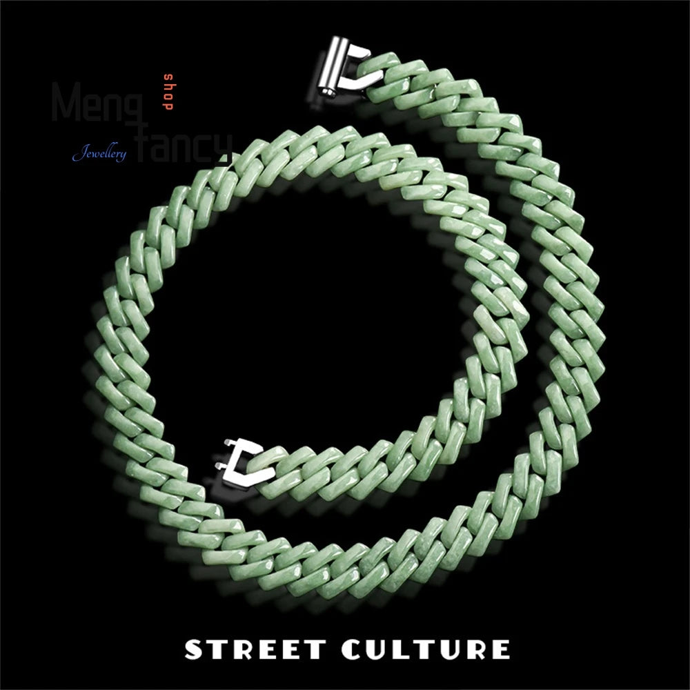Jade Bean Green Blue Water Rhombus Cuban Chain Bracelet Necklace Jade Titanium Steel Hip - Hop Style Trendy Fashion Luxury Jewel