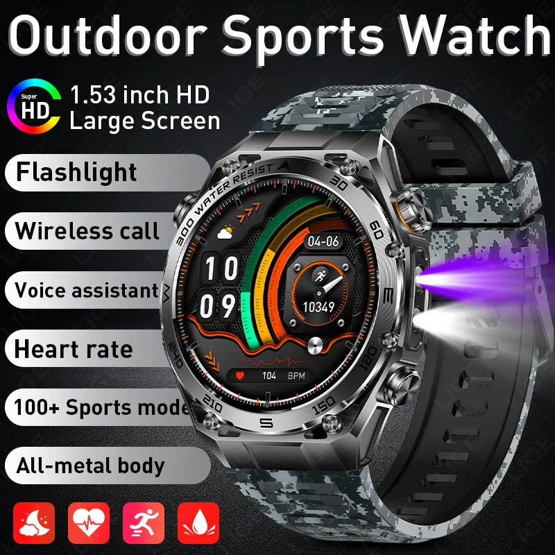 LIGE Smart Watch – 1.53" Round, 1000mAh Battery, LED Flashlight, Bluetooth Calling, IP68