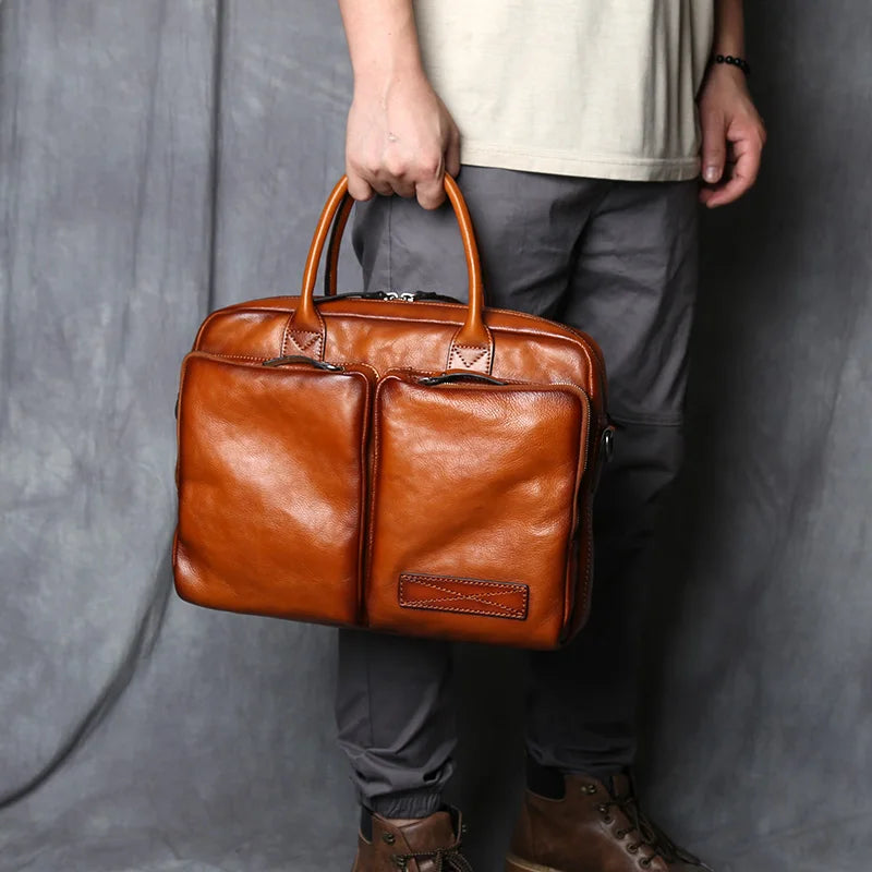 Men's Genuine Leather Briefcase – Retro Cowhide, Back 12" Tablet Pocket, 14" Laptop