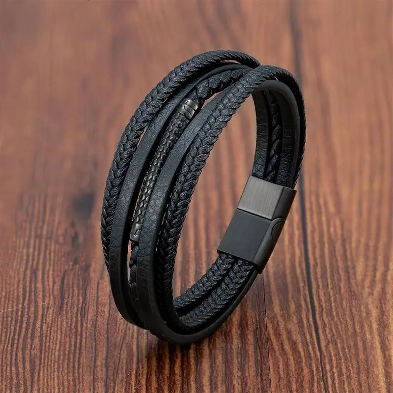 Men's Viking Multilayer Leather Bracelet – Stainless Steel Insert, Punk Bangle