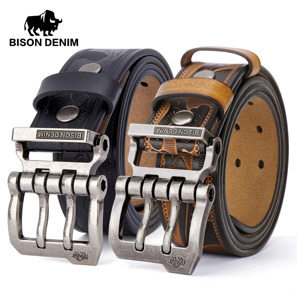 BISON DENIM Leather Pin Buckle Belt – Retro Style