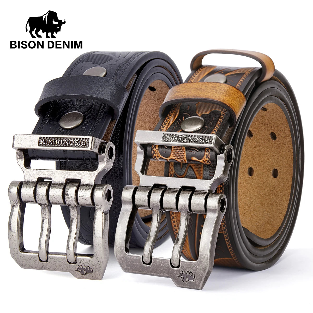 BISON DENIM Leather Pin Buckle Belt – Retro Style