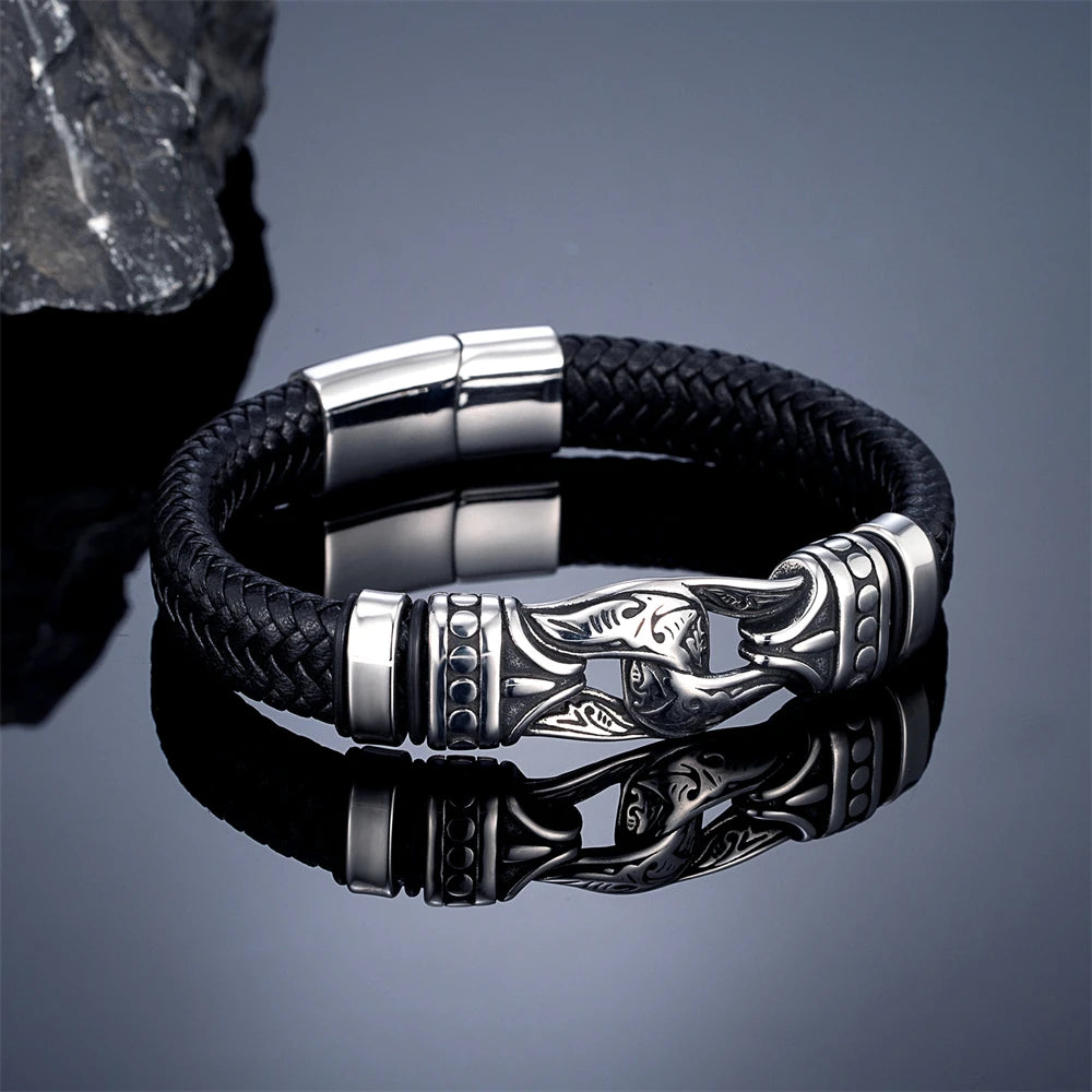 Handmade Leather Weaved Men's Bracelets Stainless Stee Infinity Viking Charm Cuff Bangle Wristband Vintage Jewelry Gift for Dad