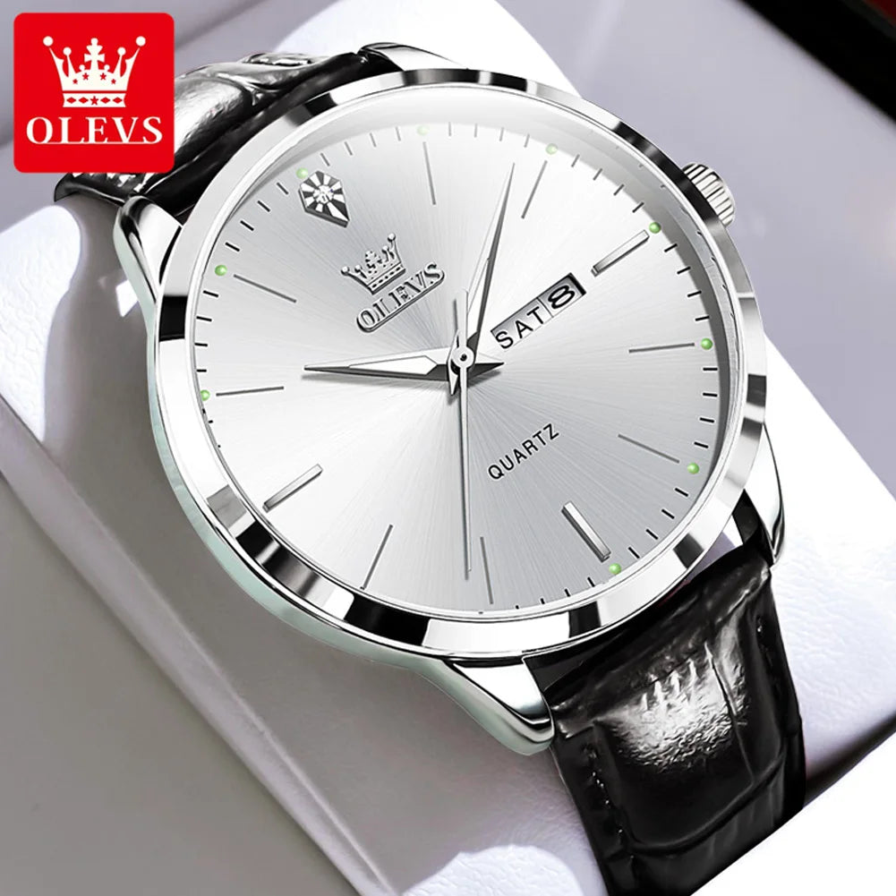 OLEVS Top Original Quartz Watches for Men Simplicity Dual Calendar Large Dial Leather Strap Waterproof Luminous Men's Wristwatch