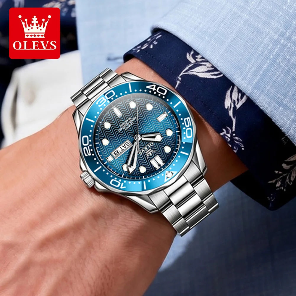 OLEVS Luxury Man Watch Fashion Rotation Bezel Diving Series Original Quartz Wrist Watch for Men Dual Calendar Waterproof Watches