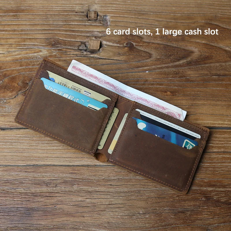 Men's Crazy Horse Leather Wallet – Slim Bifold, Top-Layer Cowhide, 6 Card Slots