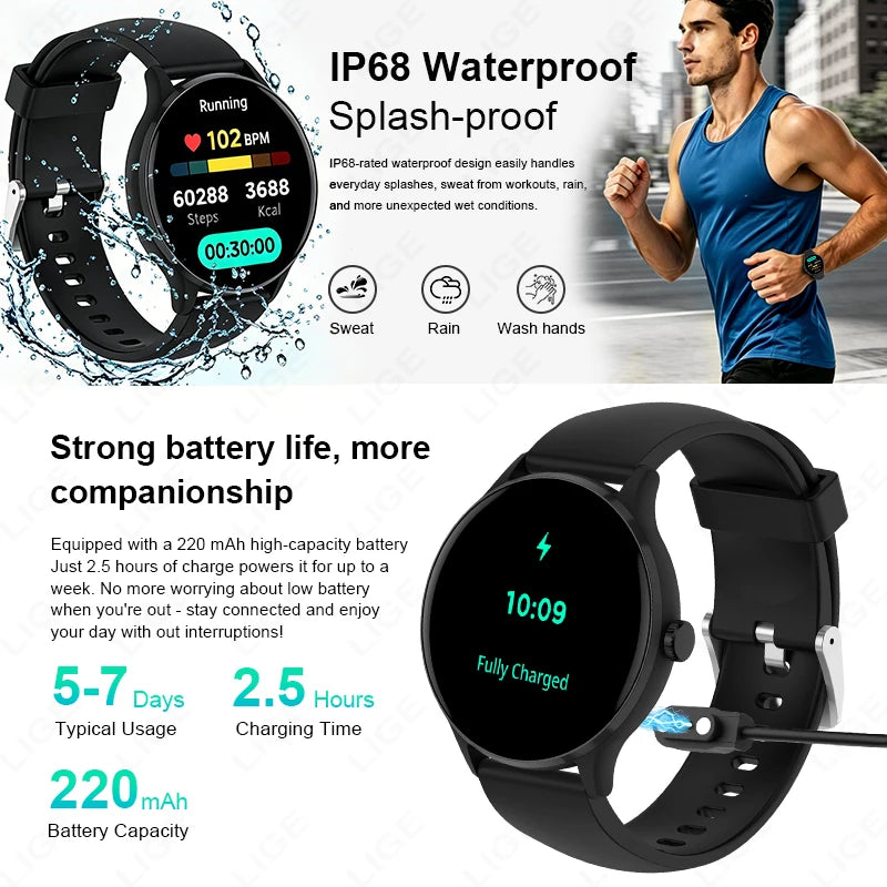 LIGE Smart Watch – 1.28" Round Display, Bluetooth Calling, Voice Assistant, IP67