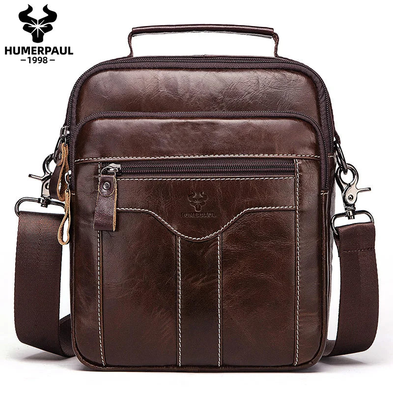 Genuine Cowhide Leather Shoulder Bag for Men — Large Capacity iPad Messenger