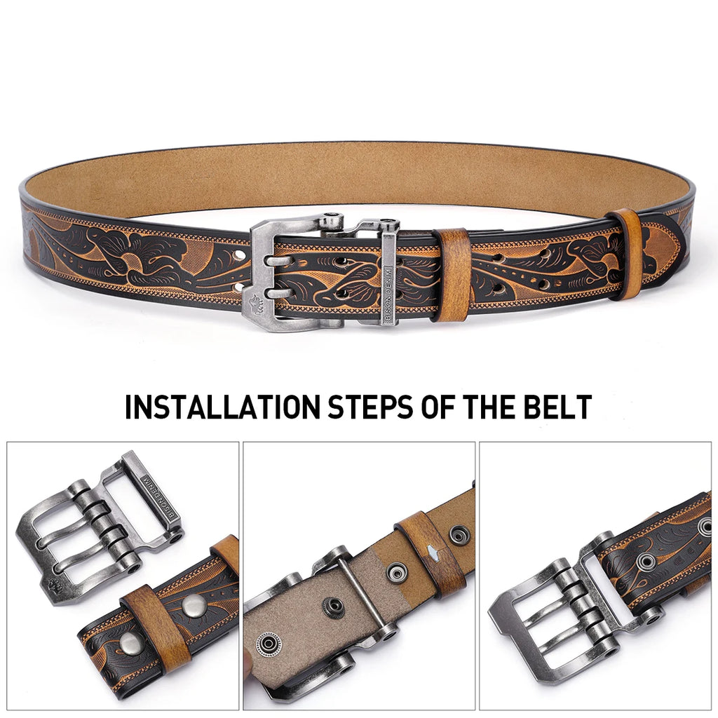 BISON DENIM Leather Pin Buckle Belt – Retro Style