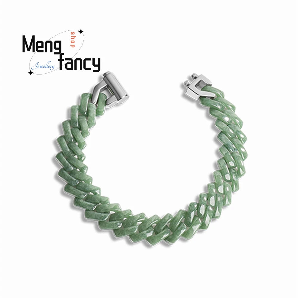 Jade Bean Green Blue Water Rhombus Cuban Chain Bracelet Necklace Jade Titanium Steel Hip - Hop Style Trendy Fashion Luxury Jewel