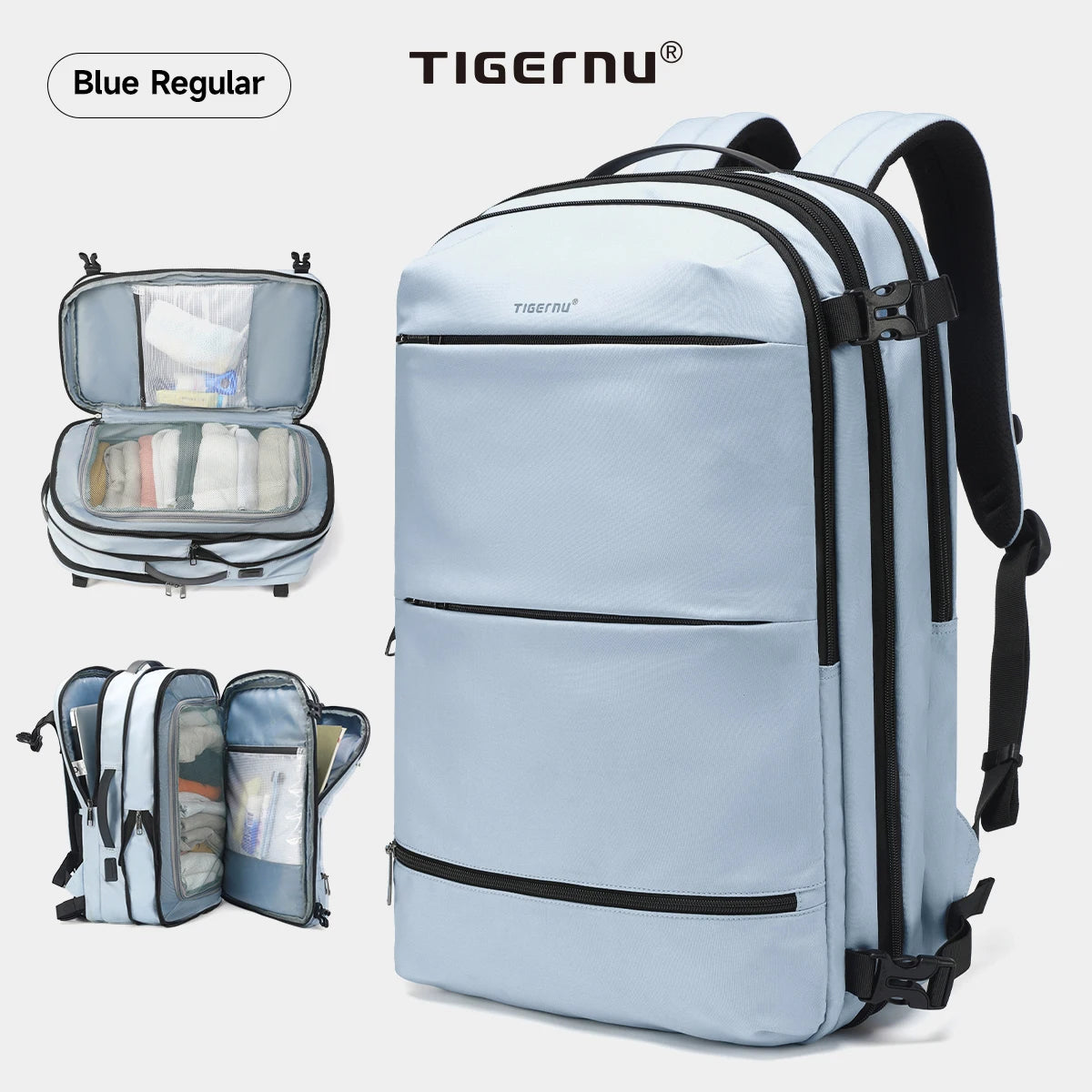 Tigernu Vacuum Compression Backpack – Expandable 27–37L, TSA Lock, USB Charging, 17" Laptop