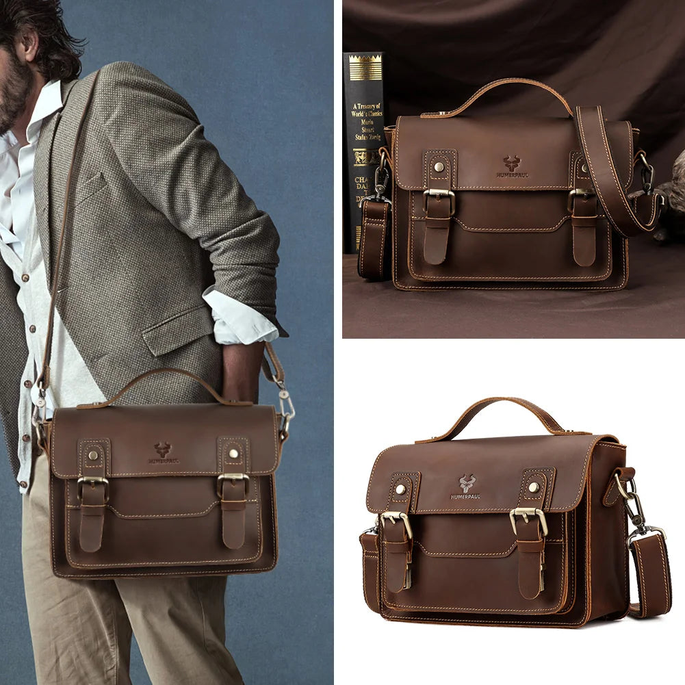 Crazy Horse Leather Messenger Bag for Men — Vintage Large Capacity Crossbody & Business Briefcase