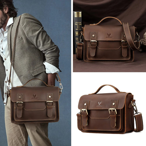 Crazy Horse Leather Messenger Bag for Men — Vintage Large Capacity Crossbody & Business Briefcase